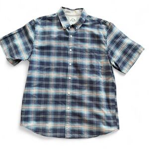 Retro Skater Orange and Blue Plaid Short Sleeve Button Down Dadcore Grunge Shirt